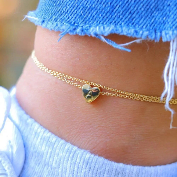 GOLD INITIAL ANKLET ❤️HEART CHARM PERSONALIZED DOUBLE LAYER DAINTY, ELDM22105A - Picture 9 of 13
